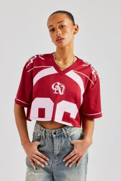 Women CLO-TOP-TEE 86 Cropped Mesh Top - Cherry Red