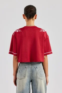 Women CLO-TOP-TEE 86 Cropped Mesh Top - Cherry Red