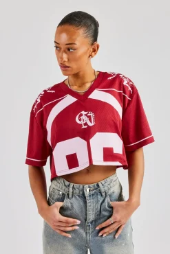 Women CLO-TOP-TEE 86 Cropped Mesh Top - Cherry Red