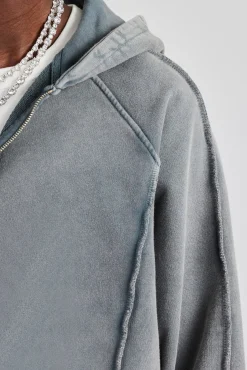 CLO-TOP-HS-HOOD Acid Exposed Seam Zip Through Hoodie - Charcoal