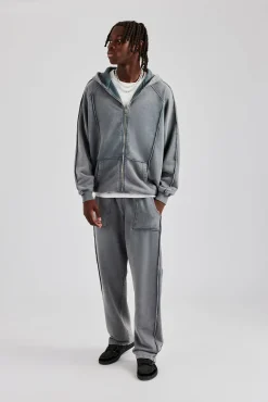 CLO-TOP-HS-HOOD Acid Exposed Seam Zip Through Hoodie - Charcoal