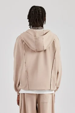 CLO-TOP-HS-HOOD Acid Exposed Seam Zip Through Hoodie - Stone