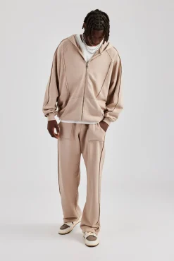 CLO-TOP-HS-HOOD Acid Exposed Seam Zip Through Hoodie - Stone