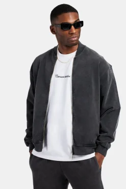 CLO-TOP-OUT Acid Wash Jersey Bomber Zip Through - Charcoal