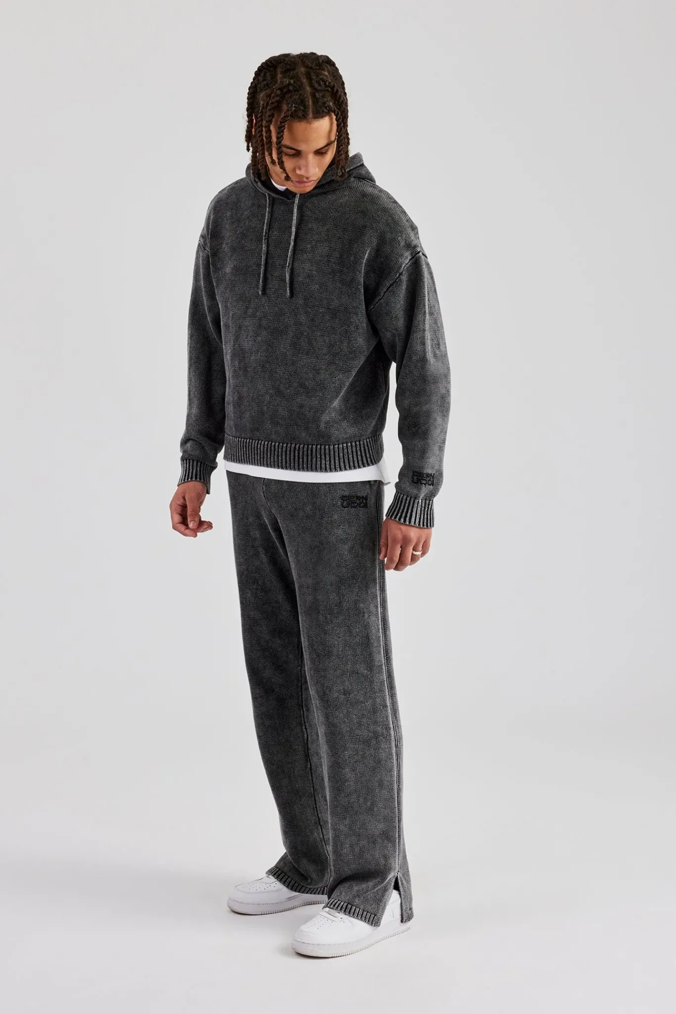 CLO-SET-KTW Acid Wash Knit Tracksuit - Charcoal