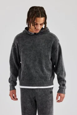 CLO-TOP-HS-HOOD-KTW Acid Wash Knitted Hoodie - Charcoal