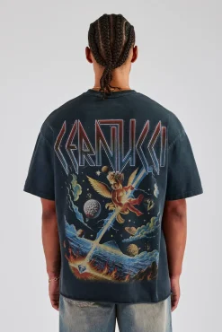 CLO-TOP-TEE Acid Wash Space Cherub Oversized T-Shirt - Charcoal