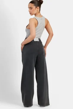 Women CLO-BOT-TRO Acid Wash Wide Leg Jogger - Charcoal