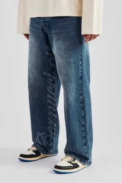 CLO-BOT-DEN Baggy Fit Laser Print Jeans - Mid Blue