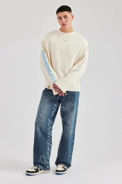 CLO-BOT-DEN Baggy Fit Laser Print Jeans - Mid Blue