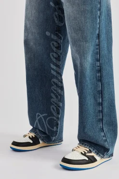 CLO-BOT-DEN Baggy Fit Laser Print Jeans - Mid Blue