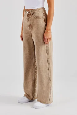 Women CLO-BOT-DEN Baggy Fit Laser Print Jeans - Beige