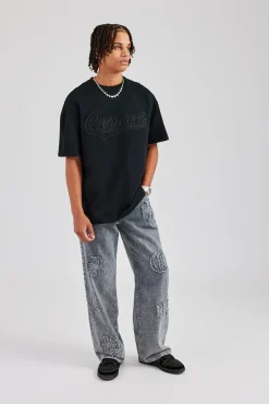 CLO-BOT-DEN Baggy Raw Edge Applique Jeans - Grey