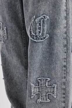 CLO-BOT-DEN Baggy Raw Edge Applique Jeans - Grey