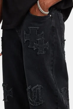 CLO-BOT-DEN Baggy Raw Edge Applique Jeans - Washed Black