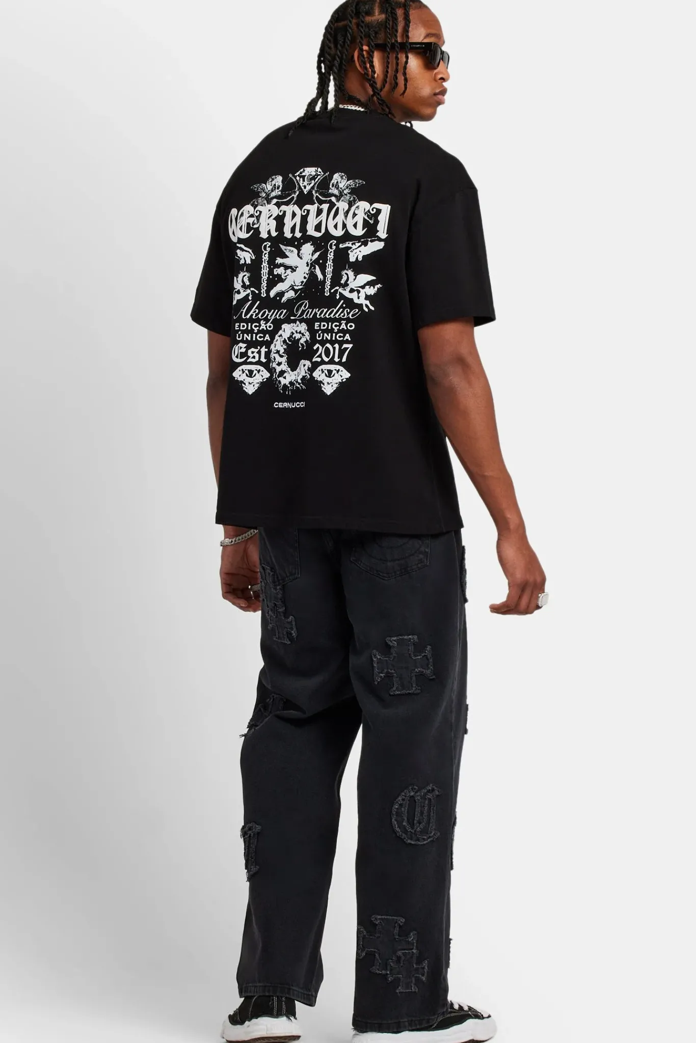 CLO-BOT-DEN Baggy Raw Edge Applique Jeans - Washed Black