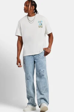 CLO-BOT-DEN Baggy Raw Edge Applique Jeans - Light Blue