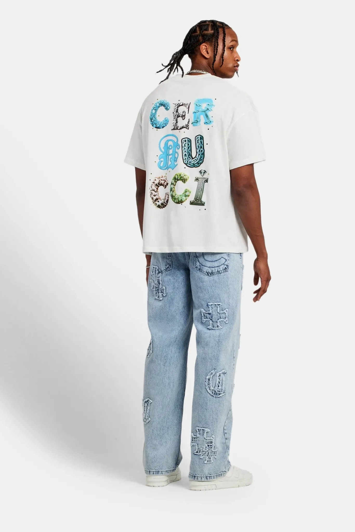 CLO-BOT-DEN Baggy Raw Edge Applique Jeans - Light Blue