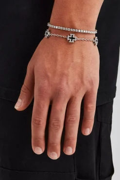 JWL-BUND Black Enamel Cross Motif Bracelet & 3mm Tennis Bracelet - White