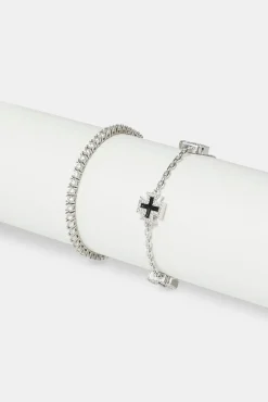 JWL-BUND Black Enamel Cross Motif Bracelet & 3mm Tennis Bracelet - White