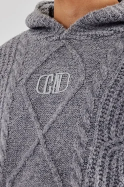 CLO-TOP-HS-HOOD-KTW Boxy Cable Knit Embroidered Hoodie - Grey