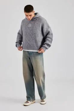 CLO-TOP-HS-HOOD-KTW Boxy Cable Knit Embroidered Hoodie - Grey