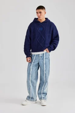 CLO-TOP-HS-HOOD-KTW Boxy Cable Knit Embroidered Hoodie - Navy
