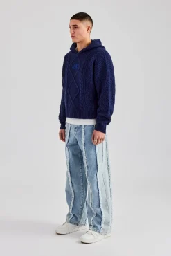 CLO-TOP-HS-HOOD-KTW Boxy Cable Knit Embroidered Hoodie - Navy