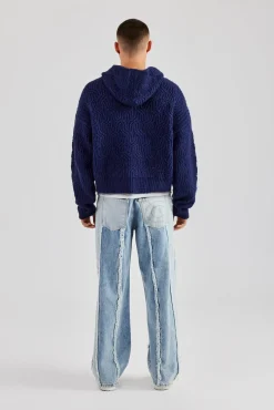CLO-TOP-HS-HOOD-KTW Boxy Cable Knit Embroidered Hoodie - Navy