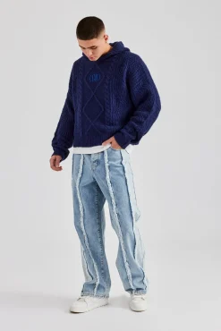 CLO-TOP-HS-HOOD-KTW Boxy Cable Knit Embroidered Hoodie - Navy