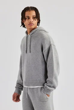 CLO-TOP-HS-HOOD-KTW Boxy Knitted Embroidered Hoodie - Grey