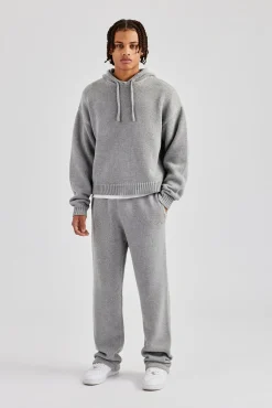 CLO-SET-KTW Boxy Knitted Embroidered Hoodie & Straight Leg Jogger - Grey