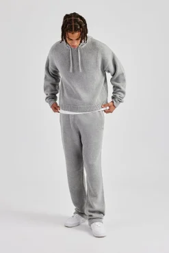 CLO-SET-KTW Boxy Knitted Embroidered Hoodie & Straight Leg Jogger - Grey