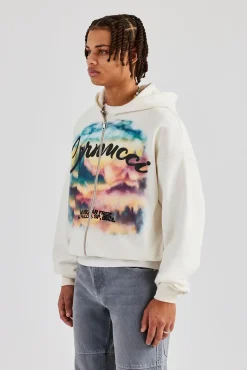 CLO-TOP-HS-HOOD Boxy Zip Through Printed Hoodie - Off White