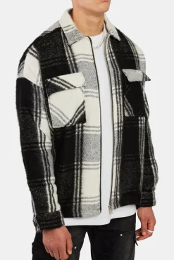 CLO-TOP-SHIR Brushed Lines Check Zip Overshirt - Black