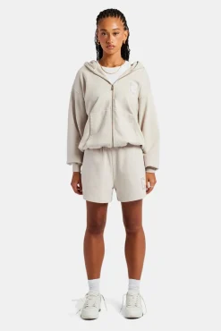 Women CLO-SET C Embroidered Zip Through Hoodie & Short Set - Stone