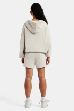 Women CLO-SET C Embroidered Zip Through Hoodie & Short Set - Stone