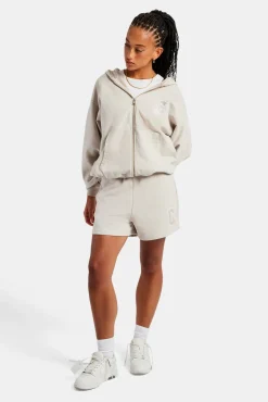 Women CLO-SET C Embroidered Zip Through Hoodie & Short Set - Stone