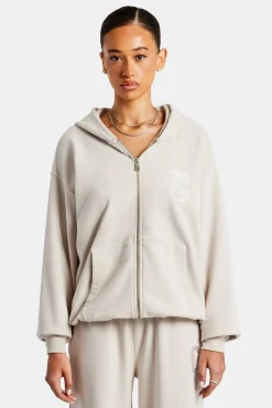 Women CLO-TOP-HS-HOOD C Embroidered Zip Through Hoodie - Stone