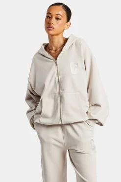 Women CLO-TOP-HS-HOOD C Embroidered Zip Through Hoodie - Stone