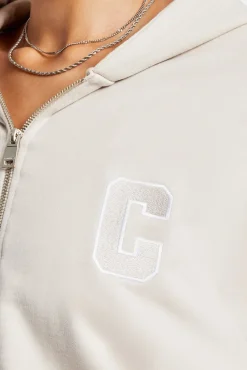 Women CLO-TOP-HS-HOOD C Embroidered Zip Through Hoodie - Stone