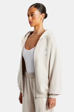 Women CLO-TOP-HS-HOOD C Embroidered Zip Through Hoodie - Stone