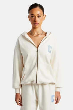 Women CLO-TOP-HS-HOOD C Embroidered Zip Through Hoodie - Off White