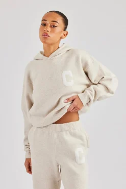 Women CLO-TOP-HS-HOOD-KTW C Knitted Hoodie - Oatmeal