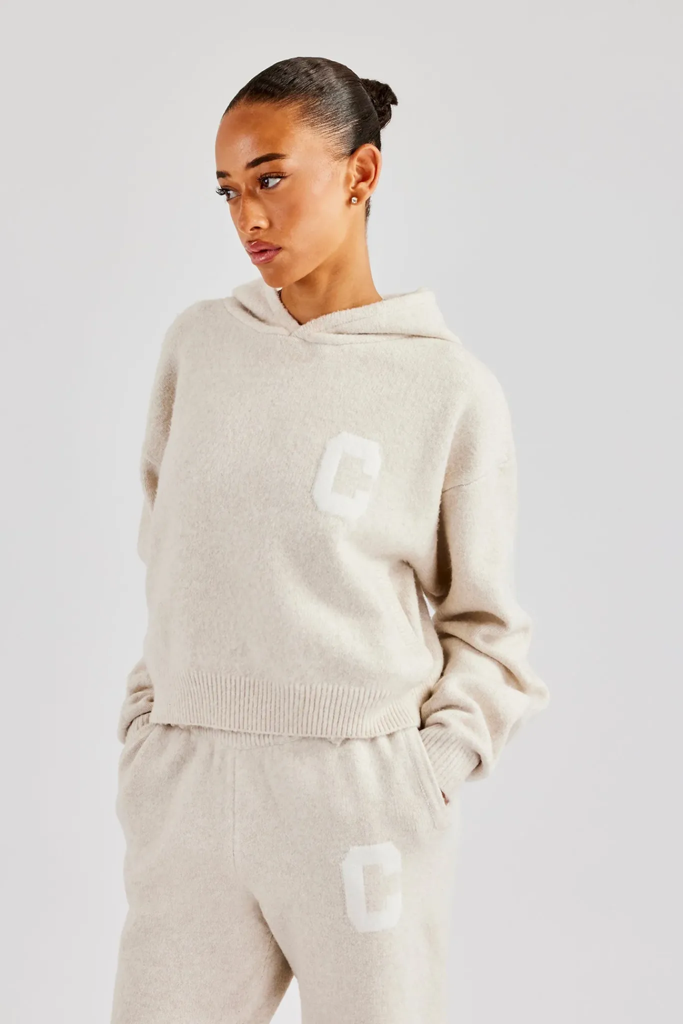 Women CLO-TOP-HS-HOOD-KTW C Knitted Hoodie - Oatmeal