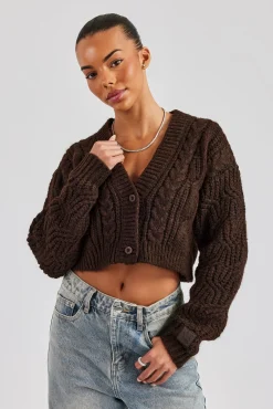 Women CLO-TOP-HS-HOOD-KTW Cable Knit Embroidered Cardigan - Chocolate