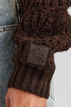 Women CLO-TOP-HS-HOOD-KTW Cable Knit Embroidered Cardigan - Chocolate