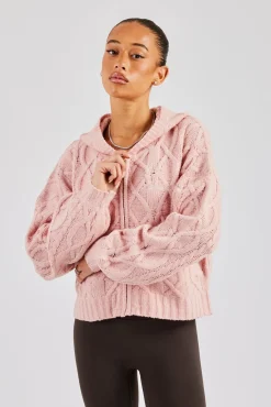 Women CLO-TOP-HS-HOOD-KTW Cable Knit Zip Through Knit Hoodie - Baby Pink