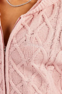 Women CLO-TOP-HS-HOOD-KTW Cable Knit Zip Through Knit Hoodie - Baby Pink