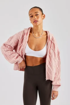 Women CLO-TOP-HS-HOOD-KTW Cable Knit Zip Through Knit Hoodie - Baby Pink